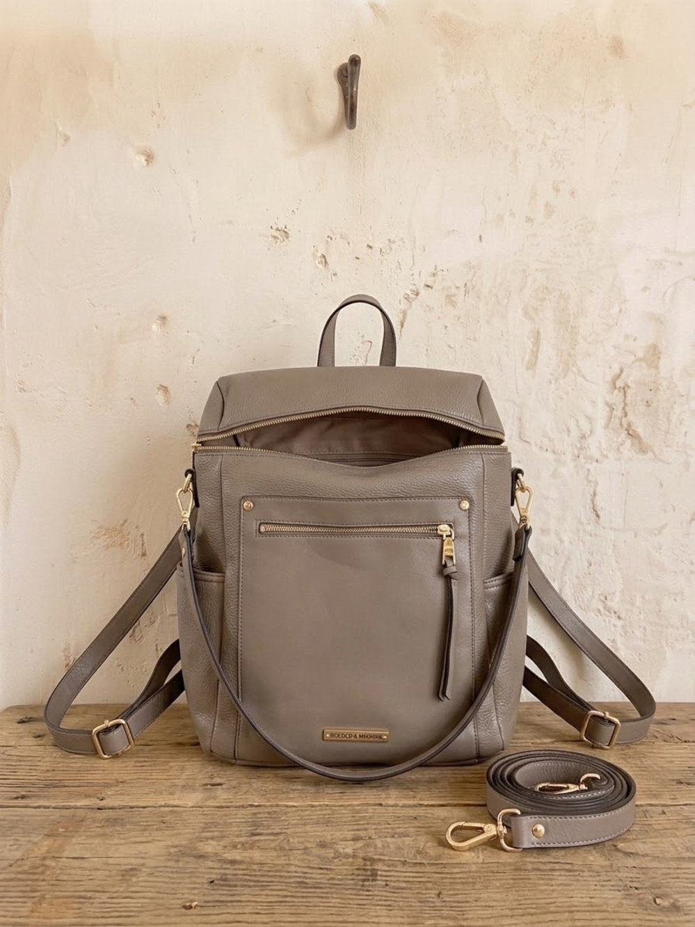 Poppy & Peonies Taupe Leather Convertible Backpack with Gold Hardware